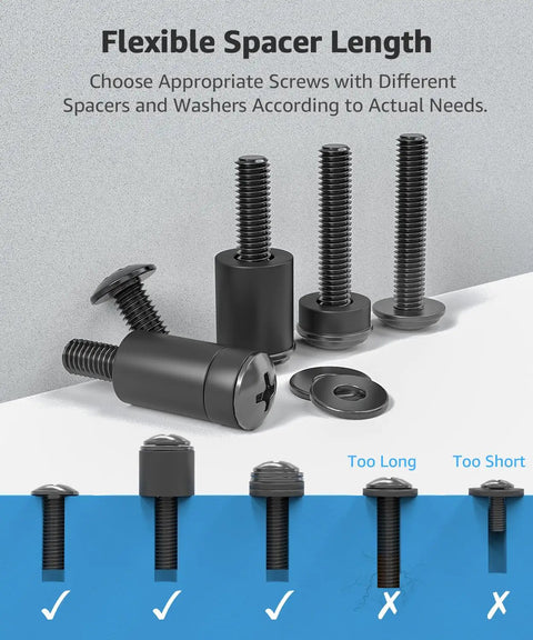 Pro No Sweat Top Shelf Universal TV Mounting Hardware Screw Kit with M4 M6 M8 bolts, spacers, and washers for flexible spacer lengths.