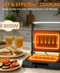 Premium Baker's Friend Mini Panini Press Electric Grill showing nonstick plates, grilled vegetables, sandwiches, and juices.