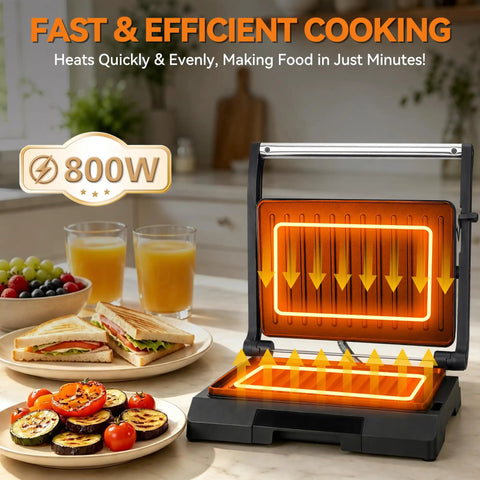 Premium Baker's Friend Mini Panini Press Electric Grill showing nonstick plates, grilled vegetables, sandwiches, and juices.