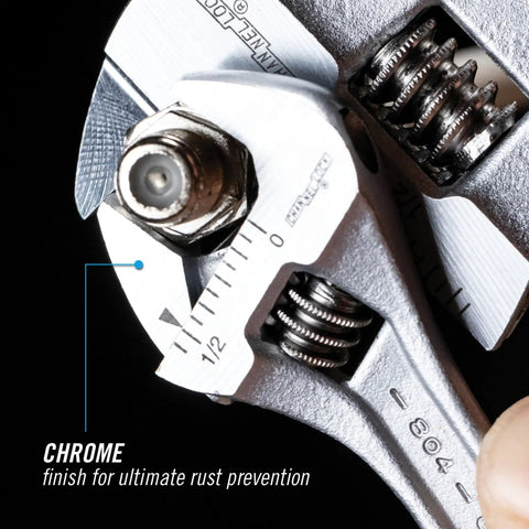 Close-up of 4 Inch Adjustable Wrench Built Tough With Large Jaw Capacity And Thin Access Design Chrome Vanadium Steel Polished Finish.