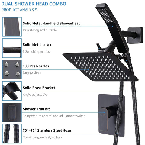 All In One Shower Faucet Set With Dual Square Shower Heads And Handheld Wand Diverter Hose And Pressure Balance Rough In Valve