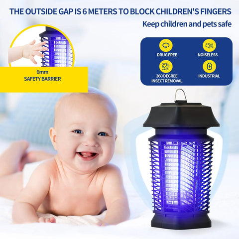Outdoor Bug Zapper Mosquito Killer For Home Backyard Patio 90 130V Electric Fly Trap shown with safety barrier near baby