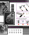 All In One 42 Piece Drawing Set For Artists And Beginners with graphite and charcoal pencils, art knife, and animal sketches in display.