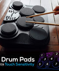 Compact Electronic Digital Drum Kit With Eight Responsive Pads And Kick Pedal Dropping Six Hundred Top Shelf Sounds Usb Midi Integration And Silent Headphone Mode For Night Owl Beat Makers featuring 7 touch-sensitive drum pads.