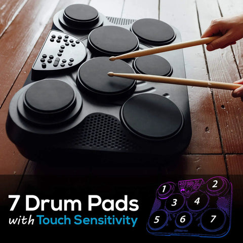 Compact Electronic Digital Drum Kit With Eight Responsive Pads And Kick Pedal Dropping Six Hundred Top Shelf Sounds Usb Midi Integration And Silent Headphone Mode For Night Owl Beat Makers featuring 7 touch-sensitive drum pads.