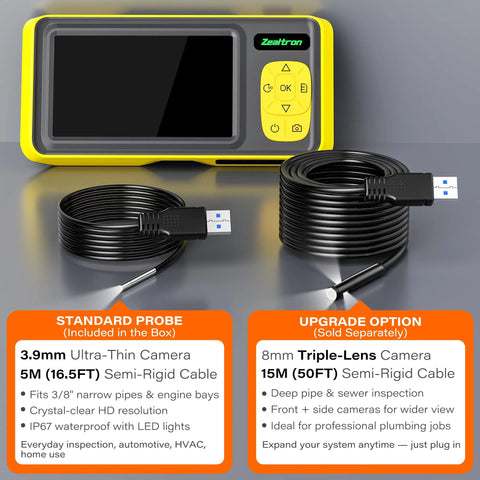 Ultra-Thin 3.9mm Endoscope With Light, 4.3 Inch IPS 1080P HD Borescope, IP67 Waterproof Inspection Camera, USB Interchangeable Cable, 16.5ft Semi-Rigid Probe, Includes 3.3ft Drain Clog Remover For Tight Engine And Pipe Inspections. Standard 3.9mm probe with 5m cable and USB connector