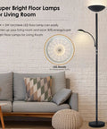Dimmable LED Floor Lamp With 20W Main Light And 5W Reading Lamp 2500 Lumens Of Warm 3000K Glow For A Room Filling Crisp Bright Homey Vibe Three Way Switch Tall Modern Standing Lamp For Living Room Bedroom And Office in a living room setting with couch and decor.