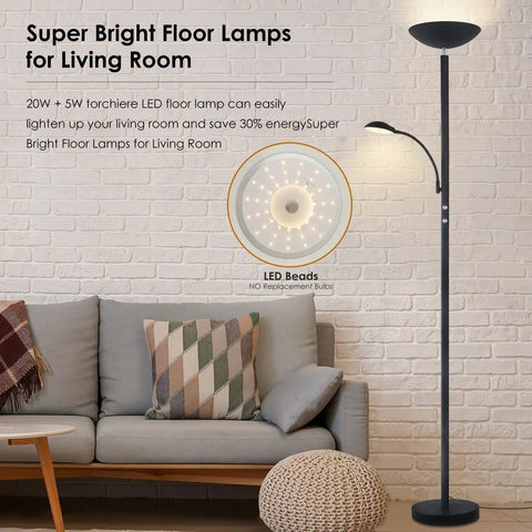 Dimmable LED Floor Lamp With 20W Main Light And 5W Reading Lamp 2500 Lumens Of Warm 3000K Glow For A Room Filling Crisp Bright Homey Vibe Three Way Switch Tall Modern Standing Lamp For Living Room Bedroom And Office in a living room setting with couch and decor.