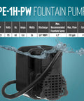 Tiny But Mighty Submersible Fountain Pump 115V 0.008 HP Epoxy Encapsulated, 186 GPH, hooded design, black, in water spray view