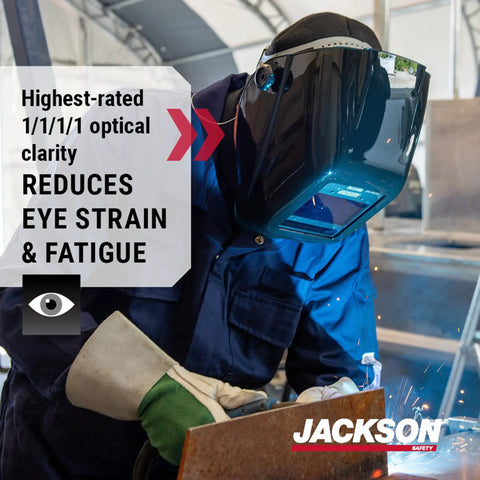 Welder using Featherweight Auto Darkening Welding Helmet With HLX Shell Design For Clear View And All Day Comfort ANSI Z87.1
