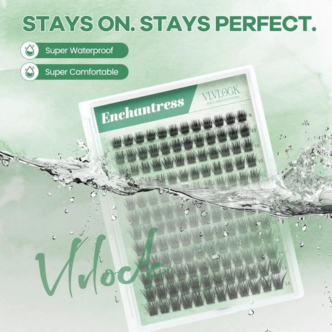 Enchantress Lash Clusters Kit For DIY Lash Extensions, waterproof package in water showcasing durability and style.