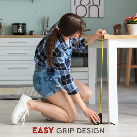 Person using Retractable Tape Measure Twenty Five Feet With One Thirty Second Inch And One Millimeter Precision Built Tough Heavy Duty