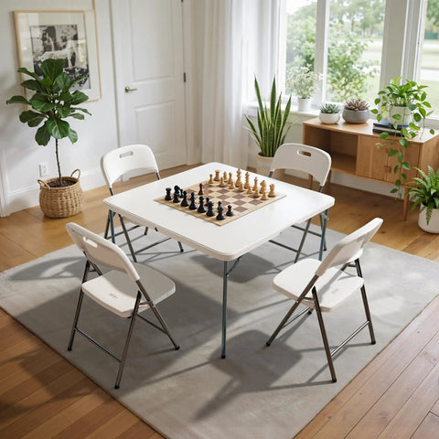 Sturdy 3 Ft Square Folding Card Table With Carry Handle, Portable 34 By 34 Inch Folding Desk in living room setup with chairs