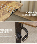 Close-up of cable management clips and headphone hook on Electric Adjustable L Shaped Standing Desk 63 By 55 Inches.