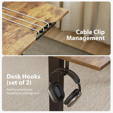 Close-up of cable management clips and headphone hook on Electric Adjustable L Shaped Standing Desk 63 By 55 Inches.