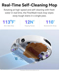Close-up of Flow Robot Vacuum And Mop Combo With Real Time Self Cleaning Track Mop 22,000 Pa Suction Dual Camera AI showing underside features