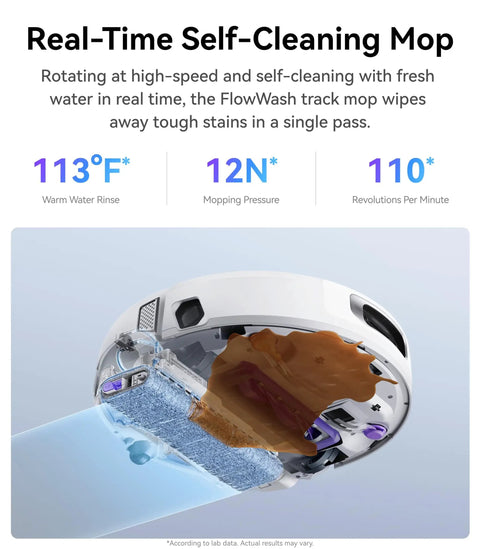Close-up of Flow Robot Vacuum And Mop Combo With Real Time Self Cleaning Track Mop 22,000 Pa Suction Dual Camera AI showing underside features