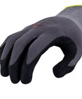 Knockout Grip Industrial Work Gloves With Foam Nitrile Palm Dip And Breathable Nylon Spandex Shell For Sure Handling And Dexterous Construction Tasks In Gray Xl close-up of foam nitrile palm side