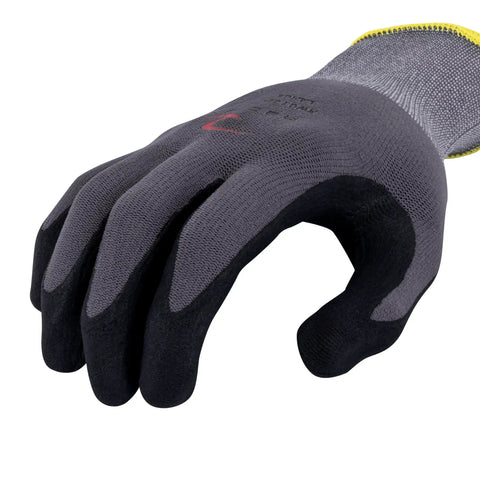 Knockout Grip Industrial Work Gloves With Foam Nitrile Palm Dip And Breathable Nylon Spandex Shell For Sure Handling And Dexterous Construction Tasks In Gray Xl close-up of foam nitrile palm side