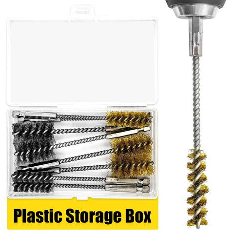 Eight Piece Bore Brush Set for Drills in storage box, featuring 304 stainless steel and brass brushes with hex shanks.