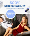 15 Inch Stretch Film Wrap With Extended Handles 1200 Ft Per Roll 500 Percent Stretch Clear Cling Plastic For Moving And Packing Heavy Duty Easy To Use Keeps Your Gear Safe And Tight On Moving Day illustration with people reclining on wrapped furniture
