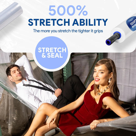 15 Inch Stretch Film Wrap With Extended Handles 1200 Ft Per Roll 500 Percent Stretch Clear Cling Plastic For Moving And Packing Heavy Duty Easy To Use Keeps Your Gear Safe And Tight On Moving Day illustration with people reclining on wrapped furniture