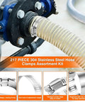 217 Piece Stainless Steel Hose Clamp Kit in use on a pipe with visible worm gear and adjustable design.
