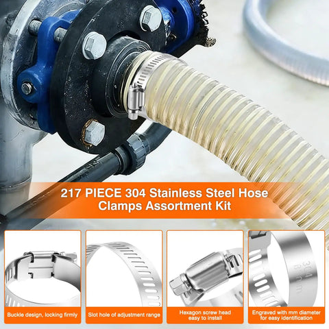 217 Piece Stainless Steel Hose Clamp Kit in use on a pipe with visible worm gear and adjustable design.