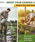 Man watering garden with can and using 100Ft Drip Irrigation System Kit With Quick Connect For Easy Install Garden Watering