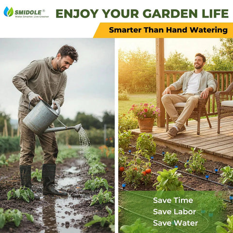 Man watering garden with can and using 100Ft Drip Irrigation System Kit With Quick Connect For Easy Install Garden Watering