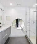 Modern bathroom with glass shower featuring Shower Door Bottom Seal With Drip Rail For 1/2 Inch Glass, 36 Inch Sweep, Ultra Clear Polycarbonate.