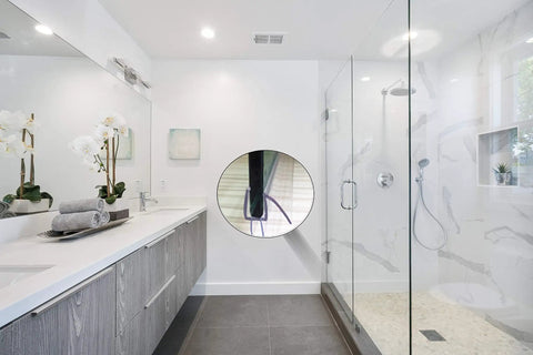Modern bathroom with glass shower featuring Shower Door Bottom Seal With Drip Rail For 1/2 Inch Glass, 36 Inch Sweep, Ultra Clear Polycarbonate.
