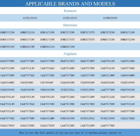 Model compatibility chart for Dryer Heating Element Kit With Thermostat And Thermal Limiter Replacement Parts.