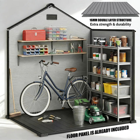 Interior view of 6 By 4.4 Ft Backyard Storage Shed With Floor Durable 16mm Resin Construction showing tools and a bicycle stored inside.