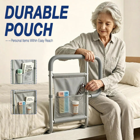 Elderly woman using Go-To Senior Bed Rail System With Non Slip Ergonomic Handle And Storage Pocket, supports up to 350 lbs