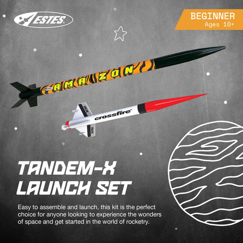 Tandem X Rocket Building Kit For Beginners With Launch Pad And Controller, featuring Amazon and Crossfire model rockets.