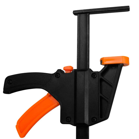 Close-up of Six Inch Quick Release Track Saw Clamps Set 2 Pack with black handle and orange squeeze triggers for precise cuts