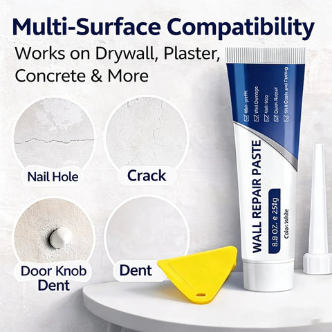 Upgraded Wall Repair Paste With Scraper Quick Drying Wall Patch For Holes And Cracks Waterproof Drywall Repair Kit For DIY Home Improvement 1 Piece Easy To Apply shown with tube, scraper, and cone on table.