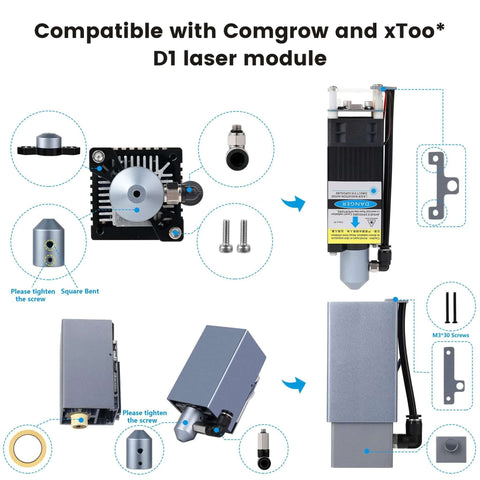 Comgrow air assist pump kit for laser cutter; exploded view shows pump module, fittings, screws, and mounting plate.