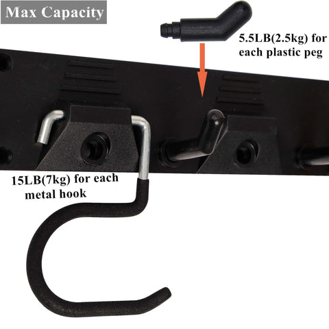 Close-up of 64 Inch Garage Storage Organizer Wall Mount For Tools And Cleaning Essentials with metal and plastic hooks