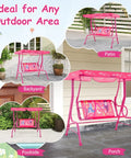 Two Seat Kids Porch Swing With Adjustable Canopy And Safety Belts Outdoor Lounge Chair On Metal Stand Two Seater Hanging Swing Bench For Backyard Patio Lawn Garden Mermaid Pink Fun