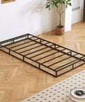 Heavy Duty Twin Bed Box Spring With Noise Free Metal Frame And Thick Fabric Cover For Memory Foam And Innerspring Mattresses Quick Snap Together Assembly Low Riser Sleep Game Changer in a modern bedroom setting.