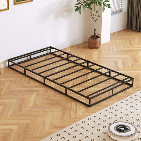 Heavy Duty Twin Bed Box Spring With Noise Free Metal Frame And Thick Fabric Cover For Memory Foam And Innerspring Mattresses Quick Snap Together Assembly Low Riser Sleep Game Changer in a modern bedroom setting.