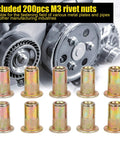200 Piece Zinc Colored M3 Rivet Nut Fastener Kit With Threaded Inserts For Metal Panels And Pipes Galvanized Finish For Oxidation Resistance And Durable Heavy Duty Hardware Fittings For DIY Projects, 10-piece view