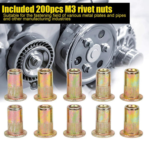 200 Piece Zinc Colored M3 Rivet Nut Fastener Kit With Threaded Inserts For Metal Panels And Pipes Galvanized Finish For Oxidation Resistance And Durable Heavy Duty Hardware Fittings For DIY Projects, 10-piece view
