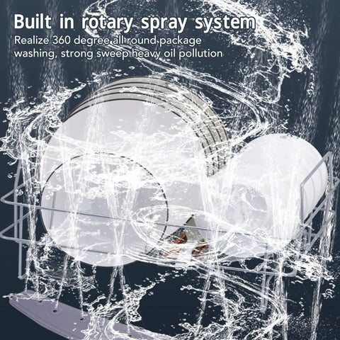 Real Deal Portable Countertop Dishwasher With Foolproof Leak Seal For Dorms Apartments RV Offices showing 360-degree rotary spray system washing dishes.