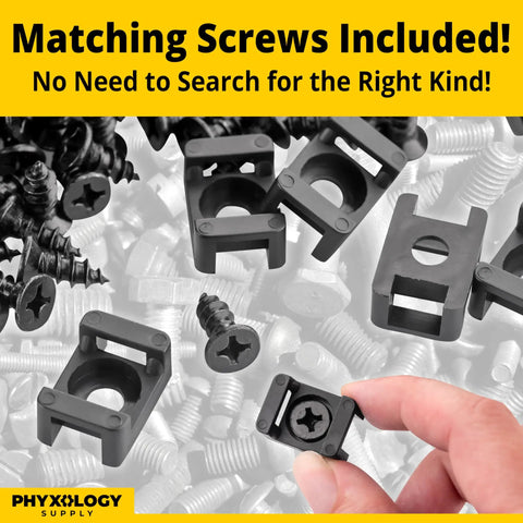 Hand holding Slim 0.6 Inch Cable Tie Mounts With Screws 100 Pack Black Boss Level Heavy Duty Zip Tie Bases against multiple mounts and screws