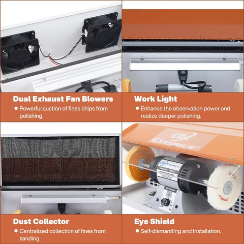 No Nonsense Beast Mode Heavy Duty Jewelry Polisher With Digital Speed Screen showing dual exhaust blowers, work light, dust collector, and eye shield.