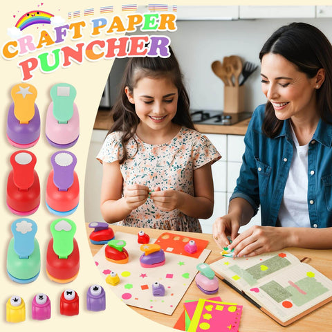 All In One Scrapbooking Punch Kit With Six Large Punches And Four Mini Punches In Star Heart Flower Circle Gear Wave Shapes Plus Ten Sticker Papers for creative crafts
