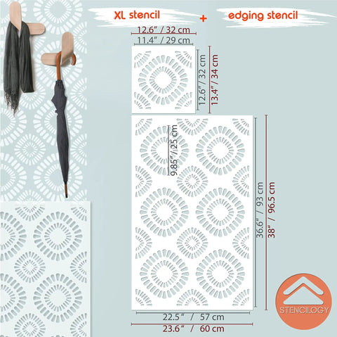 Big Floral Wall Stencil Set 24 By 38 Inches XL Allover Pattern With Free Edging Stencil Two Piece Kit displayed on a wall